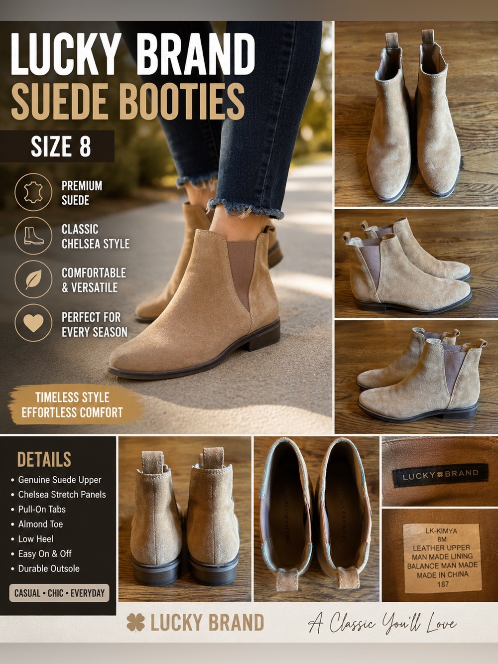 Lucky Brand Suede Chelsea Ankle Booties Women’s Size 8 Tan Leather Slip-On